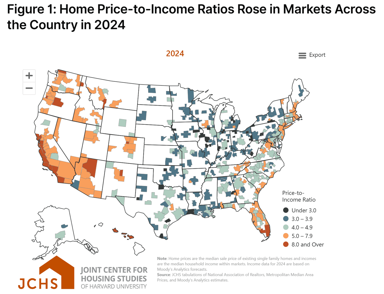 Home price to income ratios in markets across the US in 2024