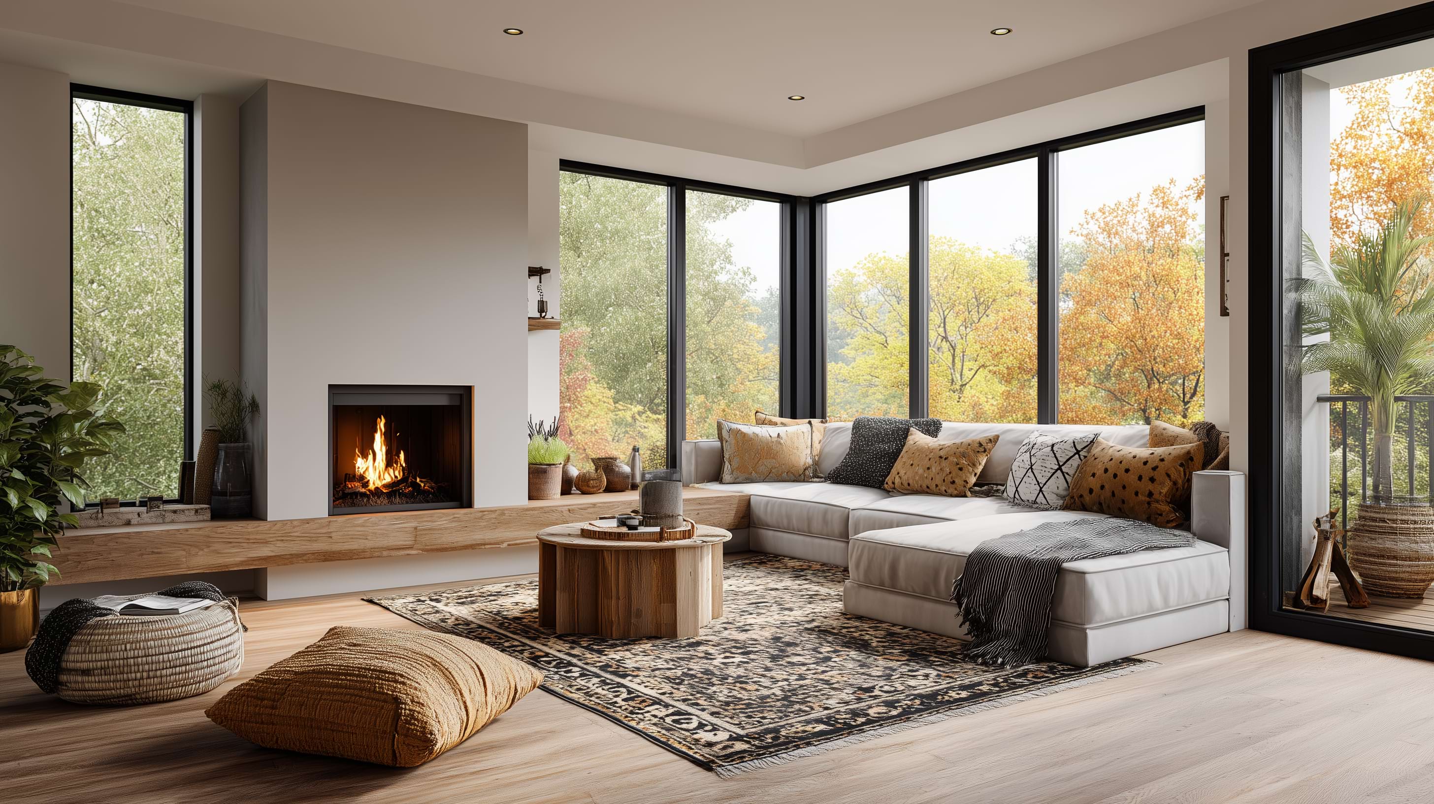 A cozy living room with a modern fireplace, corner sofa, textured pillows, and a wooden table on a patterned rug. Large windows reveal vibrant autumn trees.