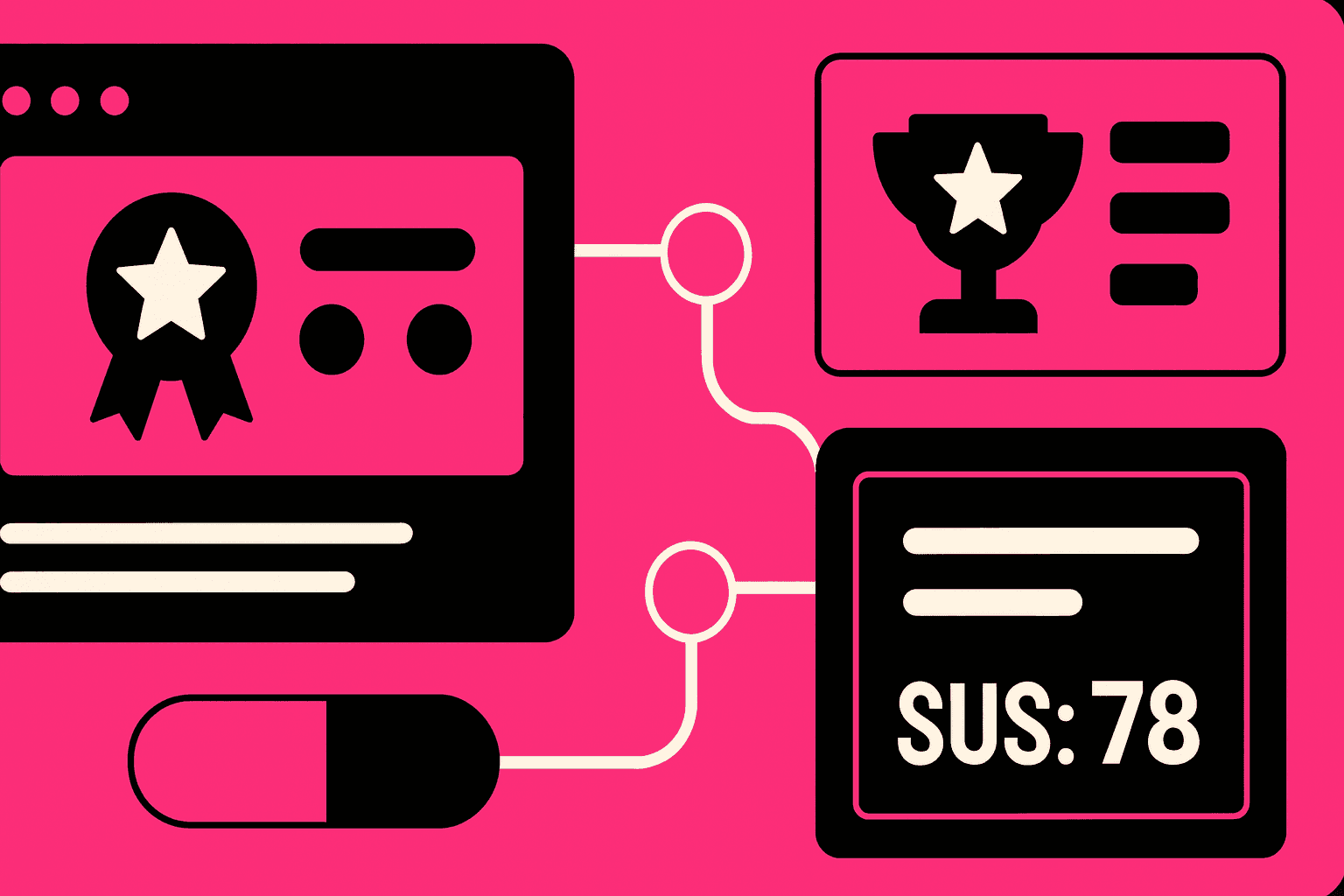 Split dashboard showing gamified survey results with progress badges and classic SUS scorecards for usability testing