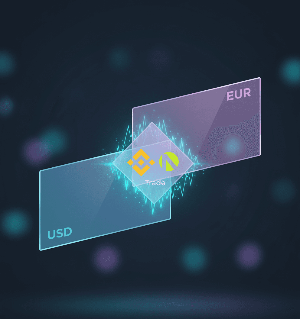 Glassmorphism concept visualizing USD/EUR cross-currency risk with overlapping geometric panels