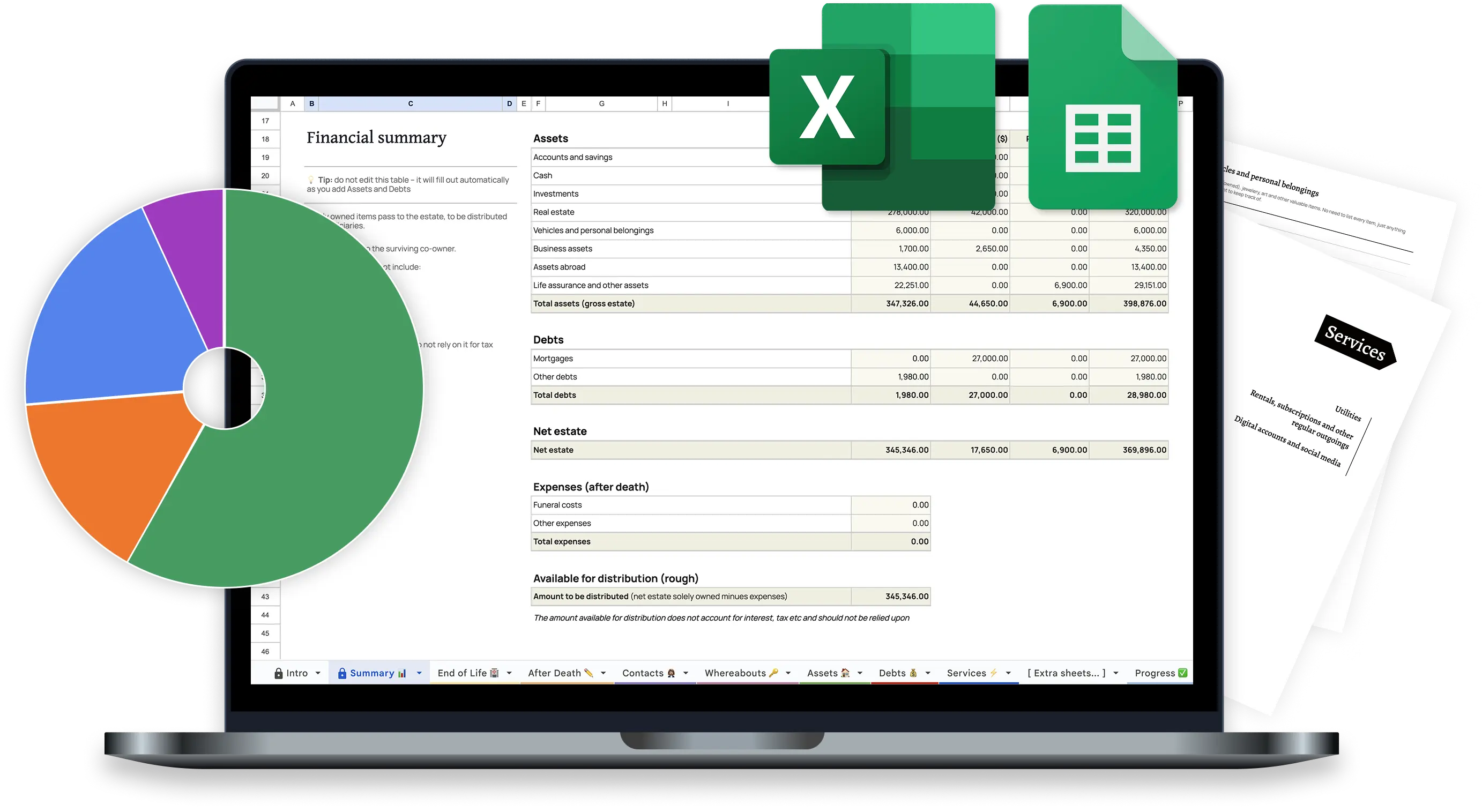 Graphic of a computer with probate and estate planning spreadsheet