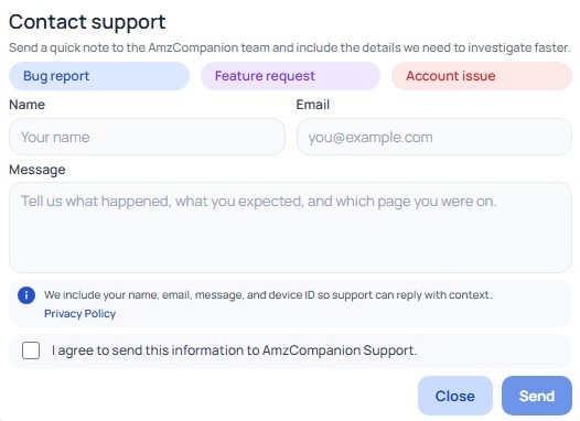 Help section available for support requests