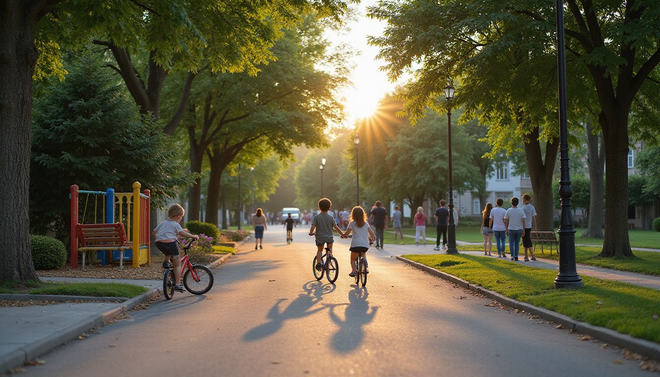 A serene Vienna street scene with children playing and neighbors chatting.