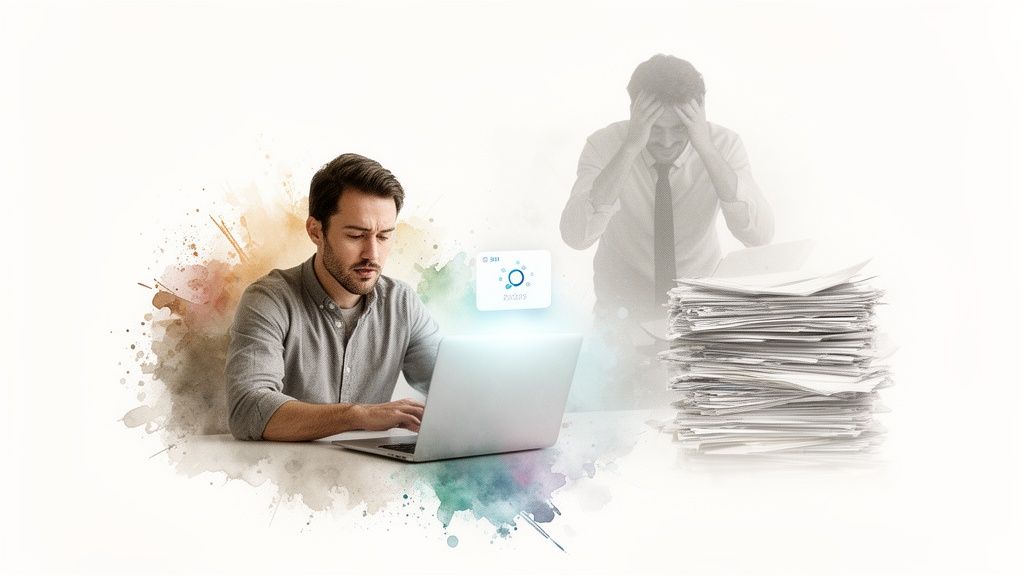A man calmly uses a laptop with digital software, contrasting a stressed man overwhelmed by paper.