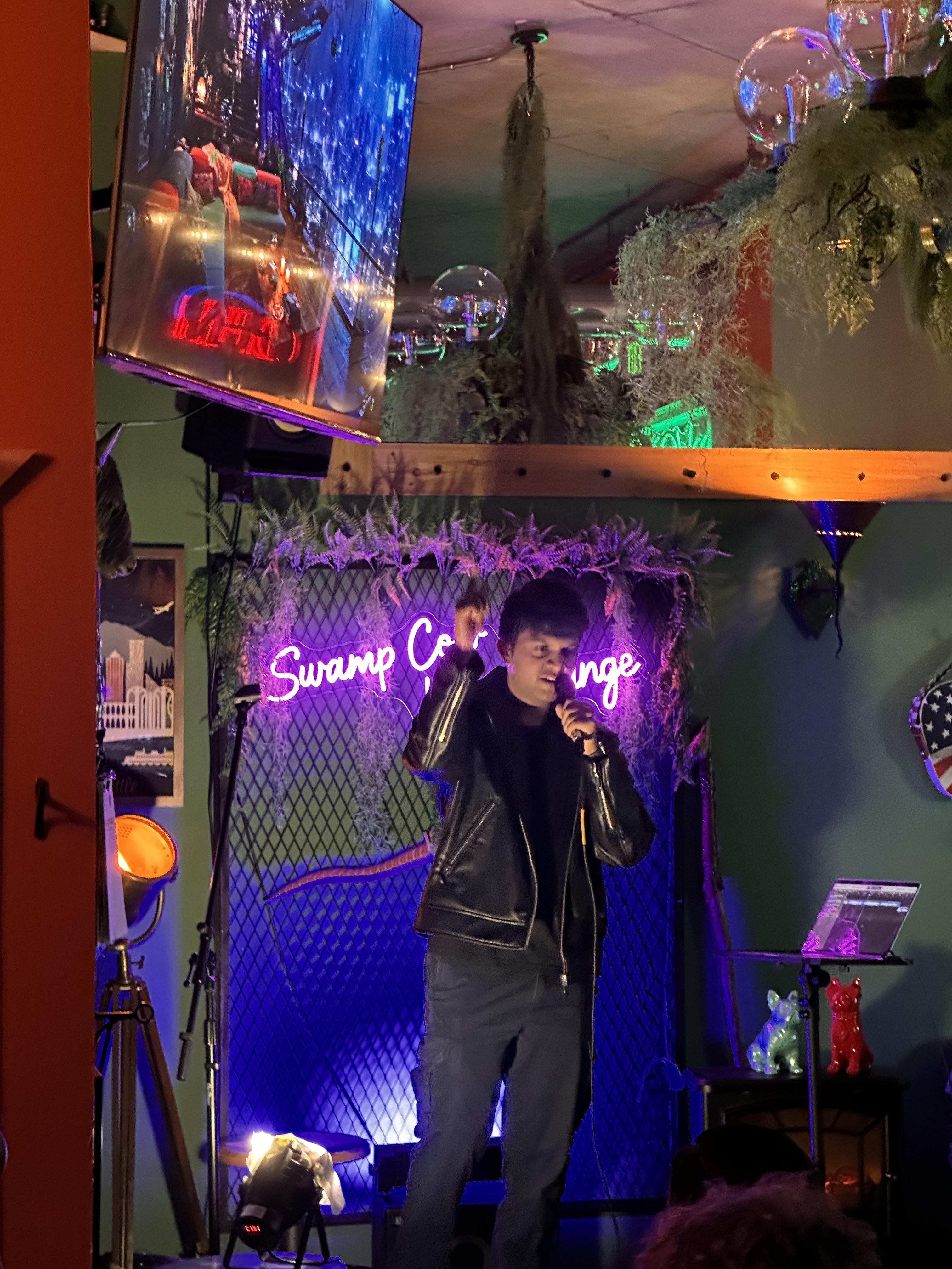 Surreal portrait of man with kaleidoscope effect and neon lighting