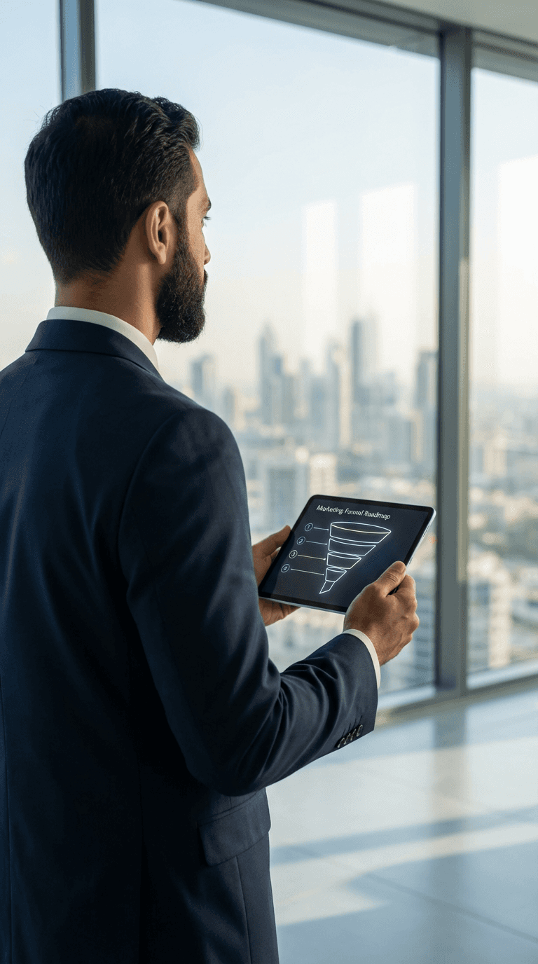 A professional Muslim marketing strategist at our halal agency reviewing a 4-step digital growth roadmap on a tablet in a modern office, representing our proven process for scaling ethical brands.