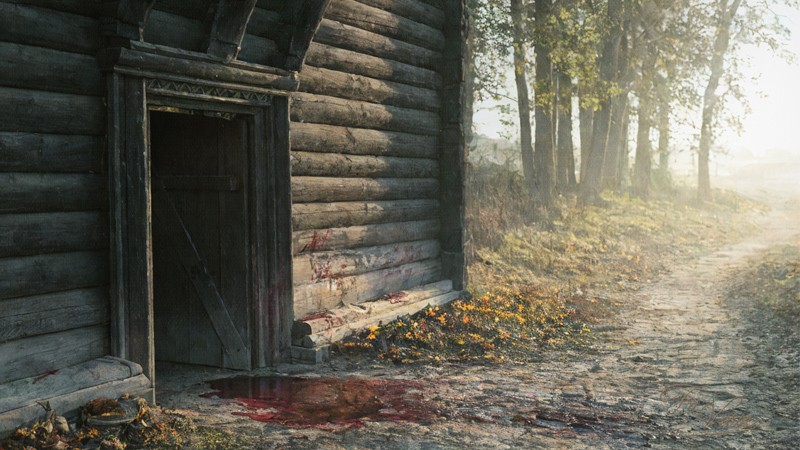 Sacred artwork by Faith and Verse. © Faith and Verse, 2025. All rights reserved. Blood stains the threshold of a log-built church doorway. The open door reveals darkness within. Morning sunlight illuminates a dirt path leading away from the entrance. Autumn leaves scatter across the ground. The scene is silent and empty, showing only the aftermath of violence at the sacred boundary.