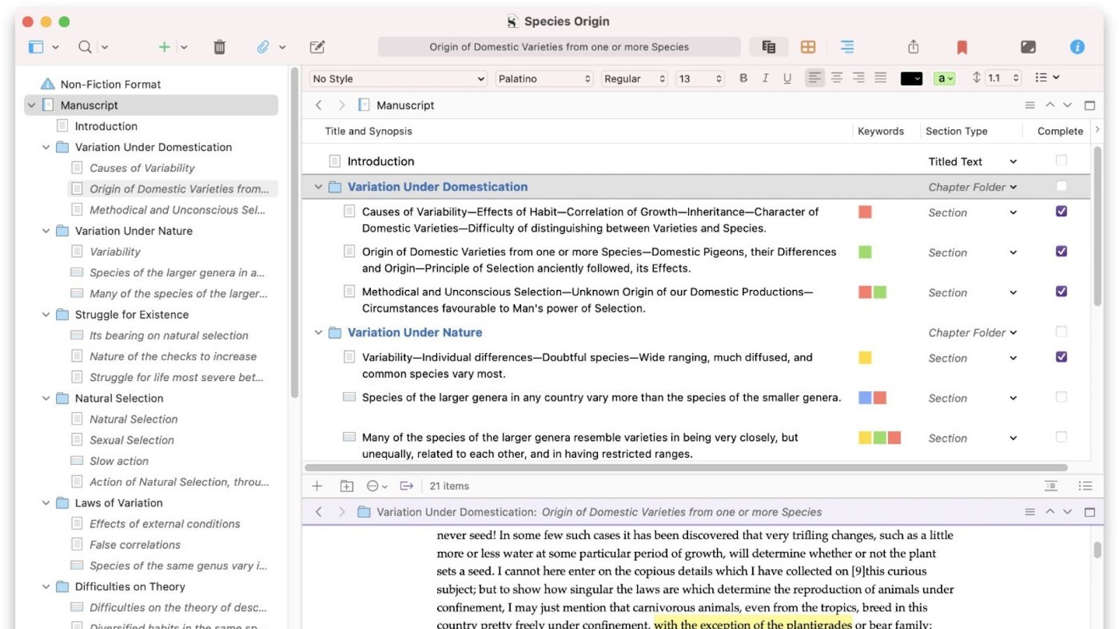 Scrivener's powerful manuscript organization tools