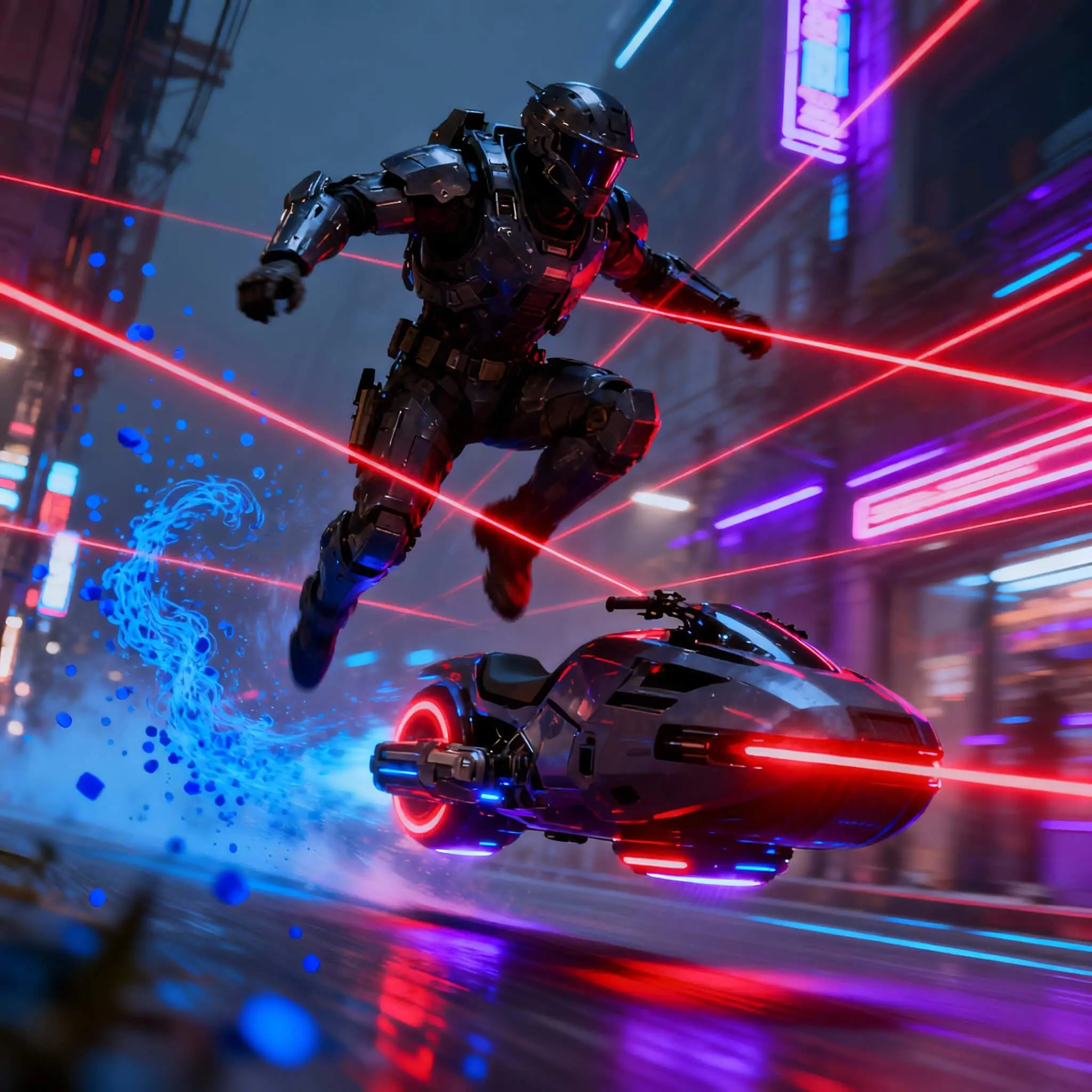 AI cinematic video prompt example showing high-action mech robot character  in futuristic cyberpunk cityscape with neon lighting effects and motion blur,  demonstrating professional-grade AI video generation capabilities from Mahendra's  cinematic video prompt generator tool