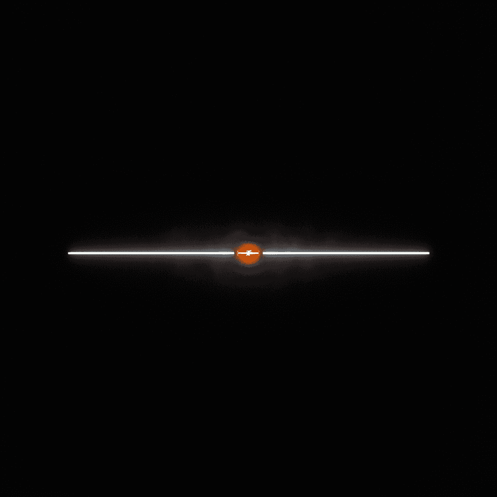 Single thin line of light bisecting darkness, broken at center with orange glow
