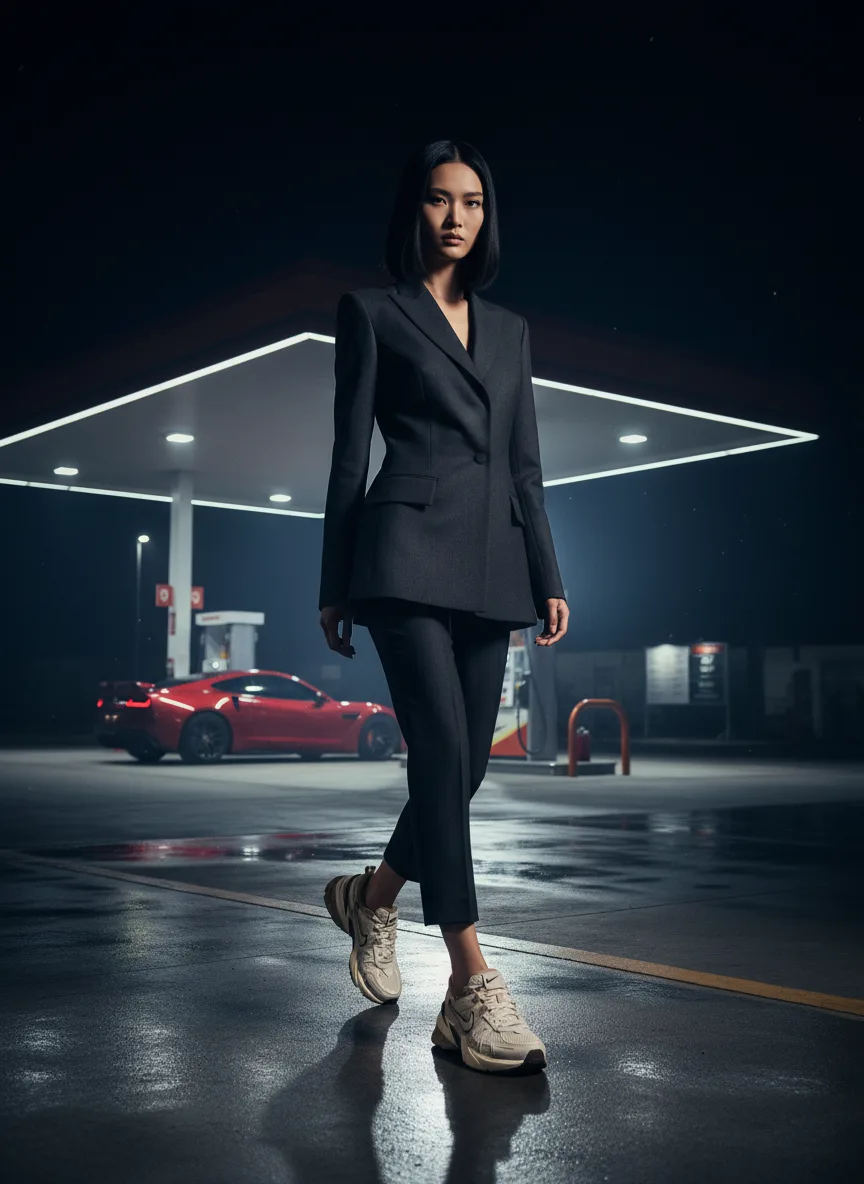 scene4-ai product photography-sneakers campaign creation-smart casual model styling