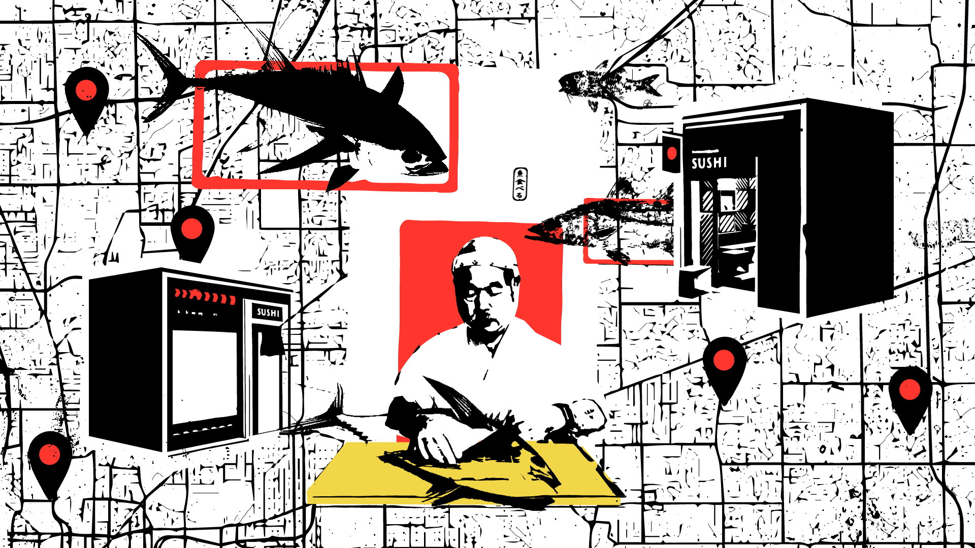 Streetside billboard with flyposters of the Batch.Works brand and illustrations
