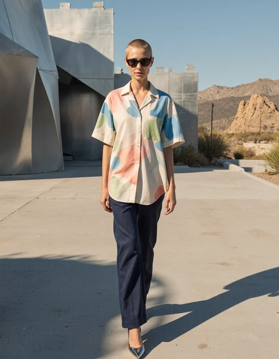 Modern fashion photography featuring pastel patterned shirt and navy pants against minimalist architecture with desert mountains in background