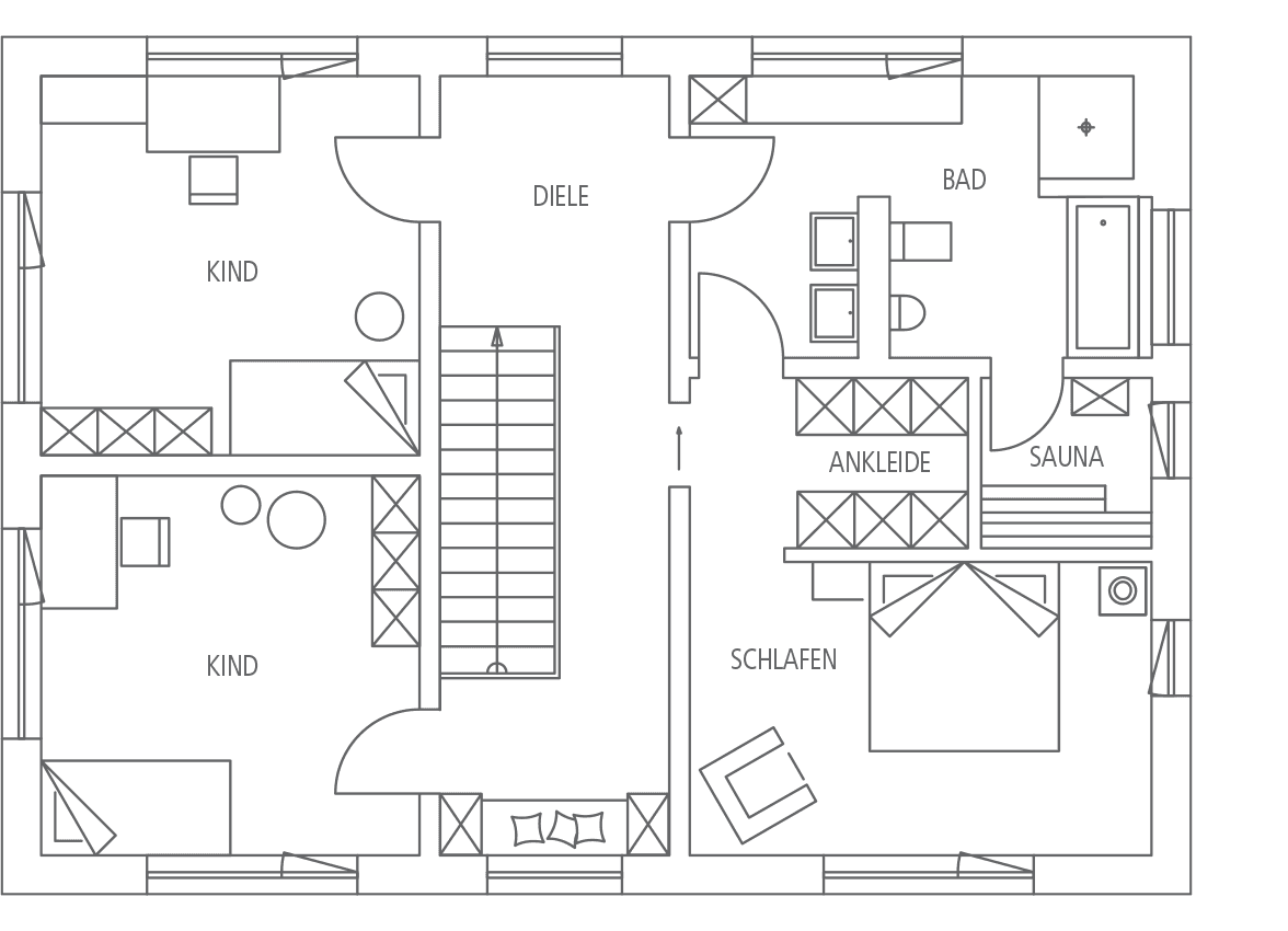 Grundriss: Zwei Kinderzimmer, Diele, Bad, Ankleide, Sauna und Schlafzimmer mit Bett.