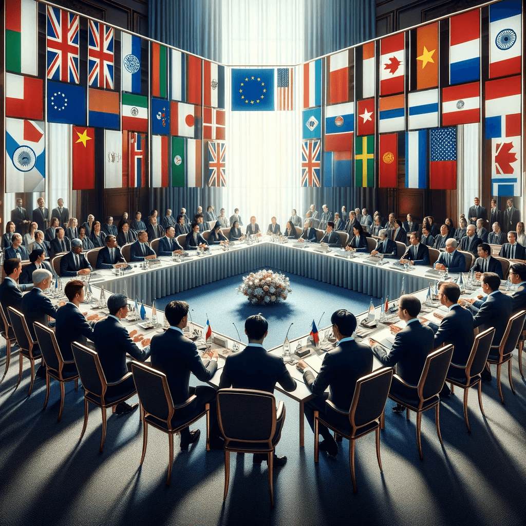 Diplomats from various countries in a formal meeting, with national flags in the background, symbolizing the international nature of the A1 Visa.