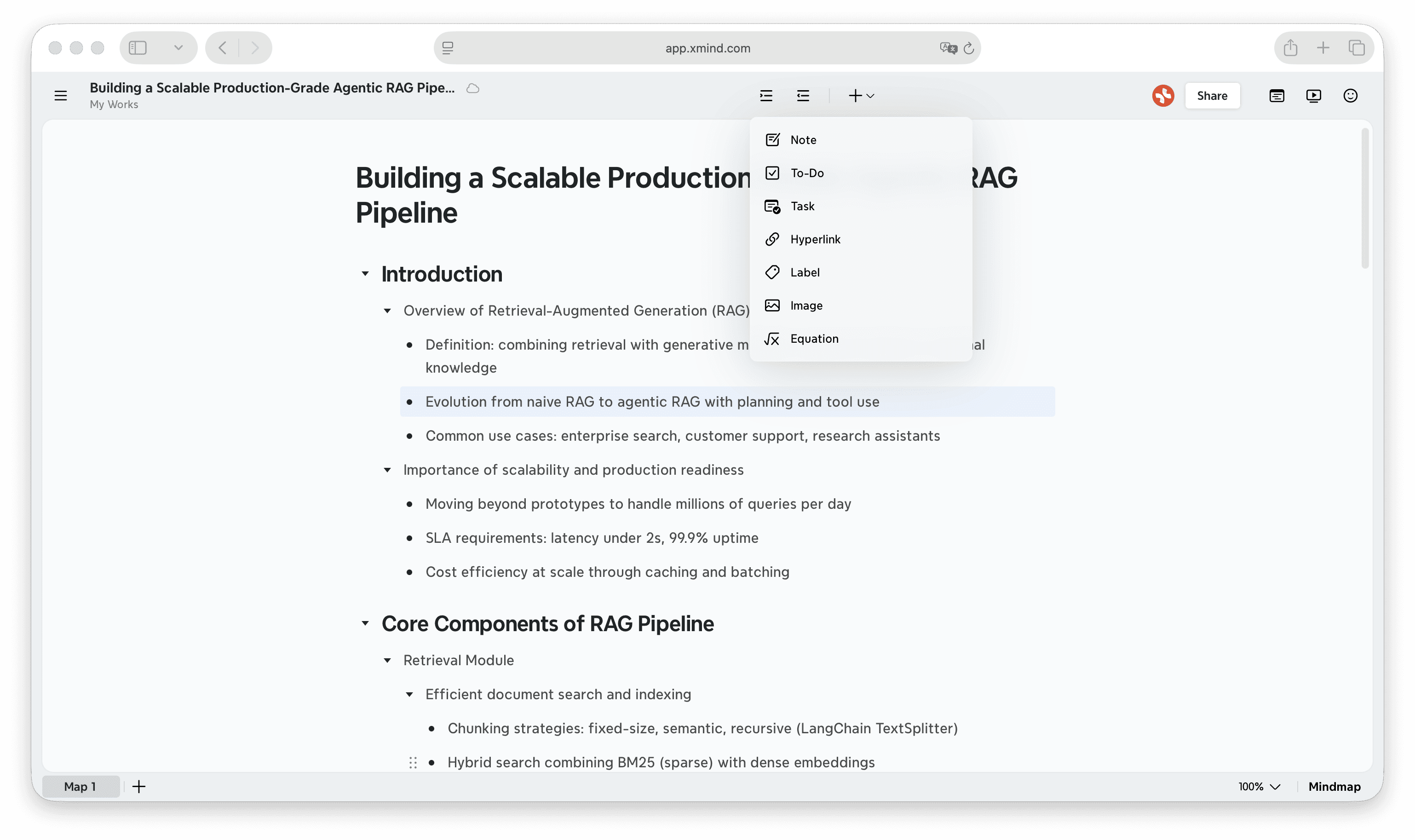 Mind map interface displaying a central topic and multiple main topics with a dropdown menu for adding notes and attachments.