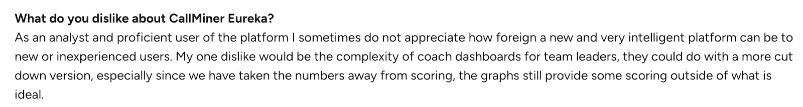 User review noting complexity of coach dashboards and learning curve in CallMiner Eureka