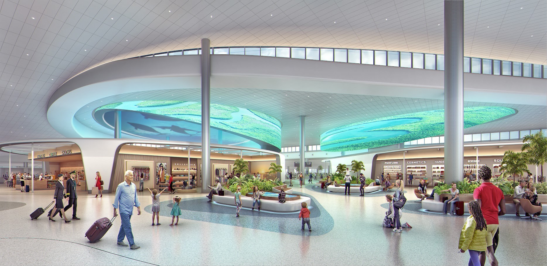 Rendering of Airside D main terminal interior showing modern architecture with a striking turquoise curved design element, high ceilings, natural lighting, and passengers walking through the expansive hall