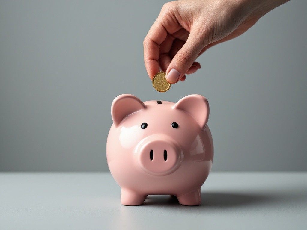 A hand dropping a gold coin into a pink piggy bank.