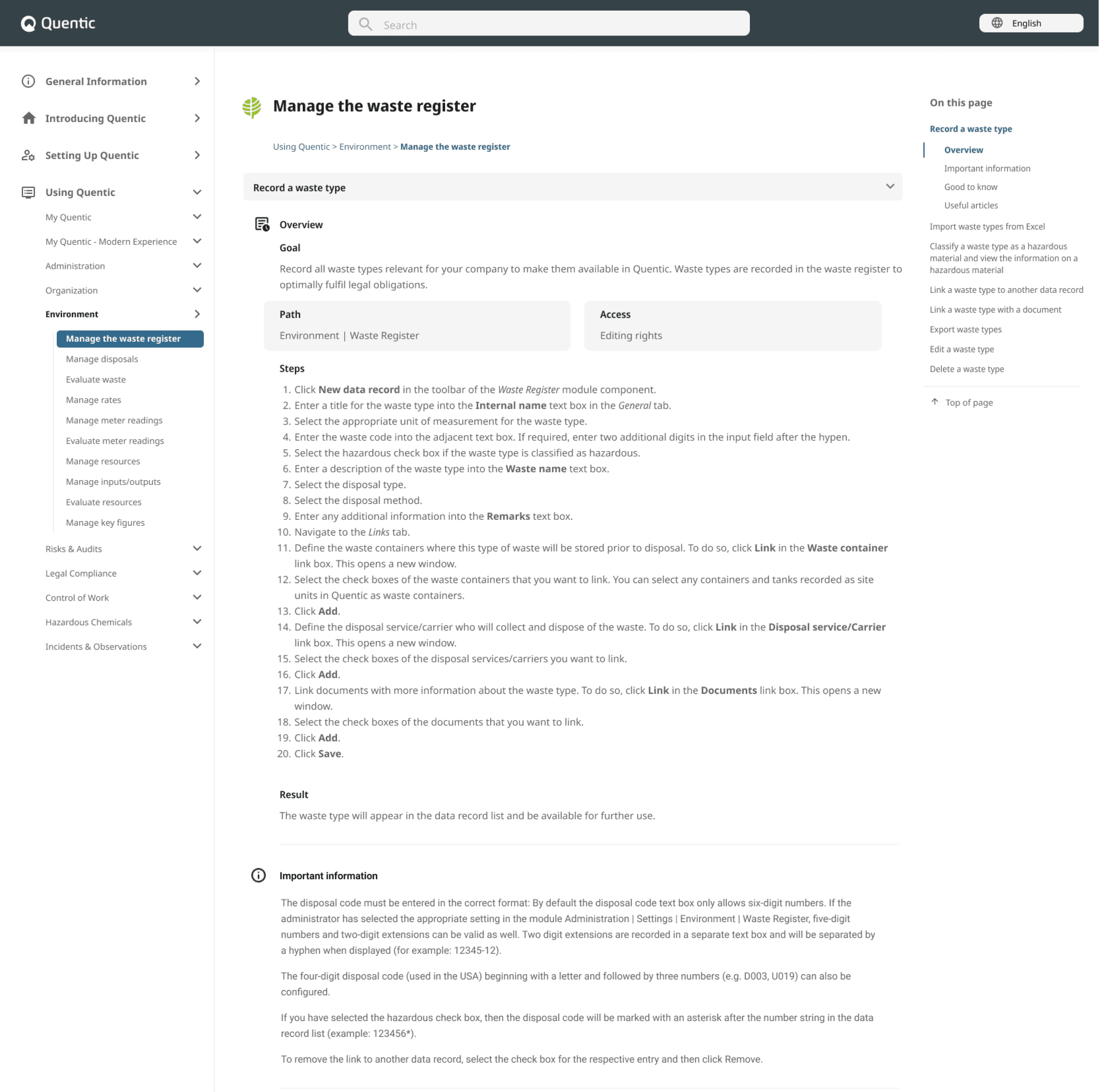 Cropped screenshot of the Quentic Platform Help Portal for the topic "Manage the waste register"