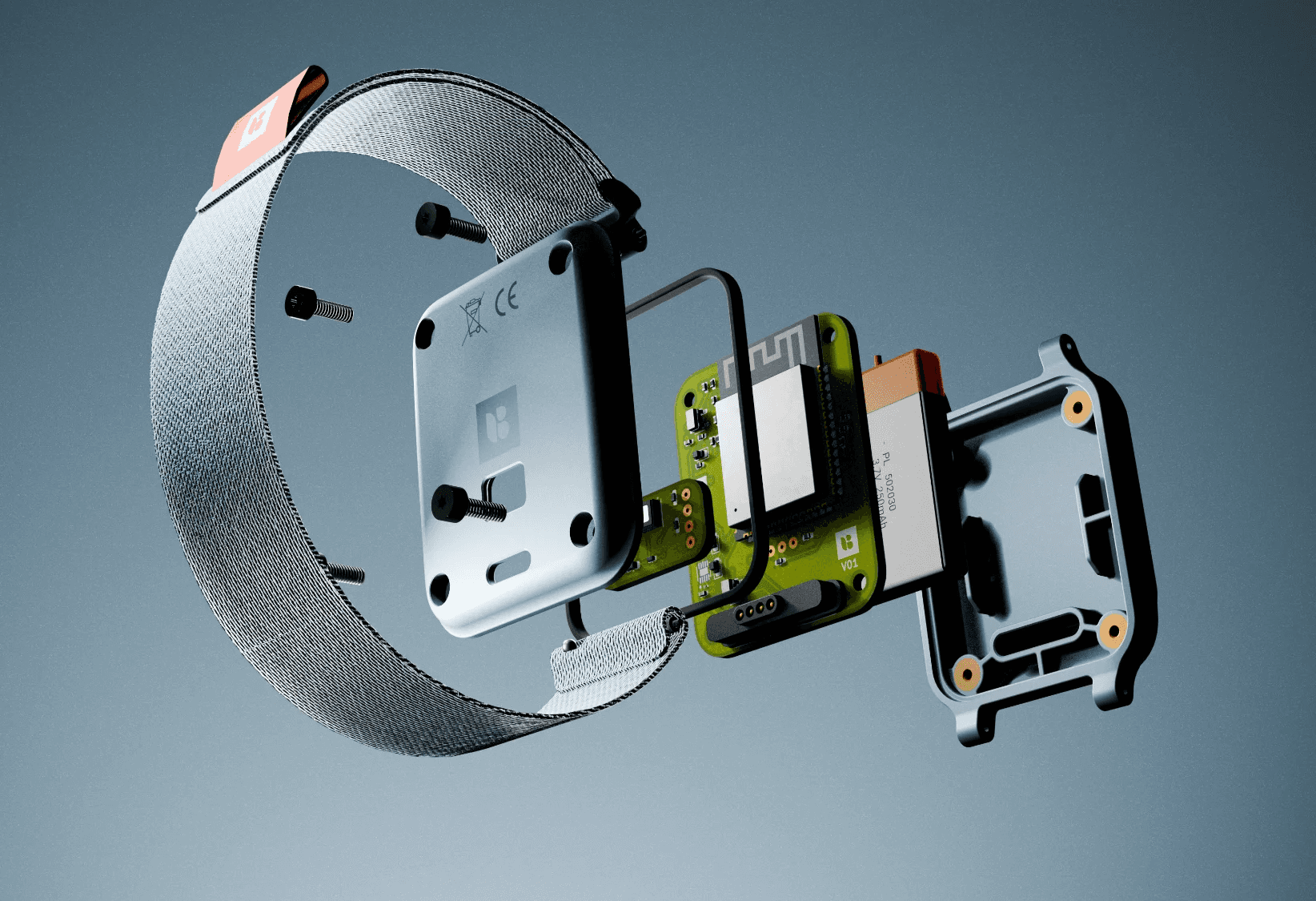 Exploded render of a smart wearable device, revealing the biometric sensor, internal battery, PCB and gasket