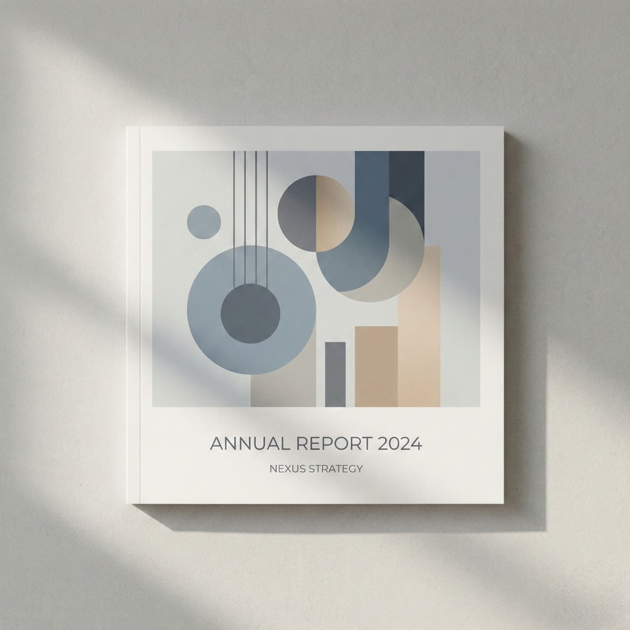 Abstract geometric cover of the "Annual Report 2024" for Nexus Strategy, featuring overlapping circles and rectangles in muted blue and beige tones.