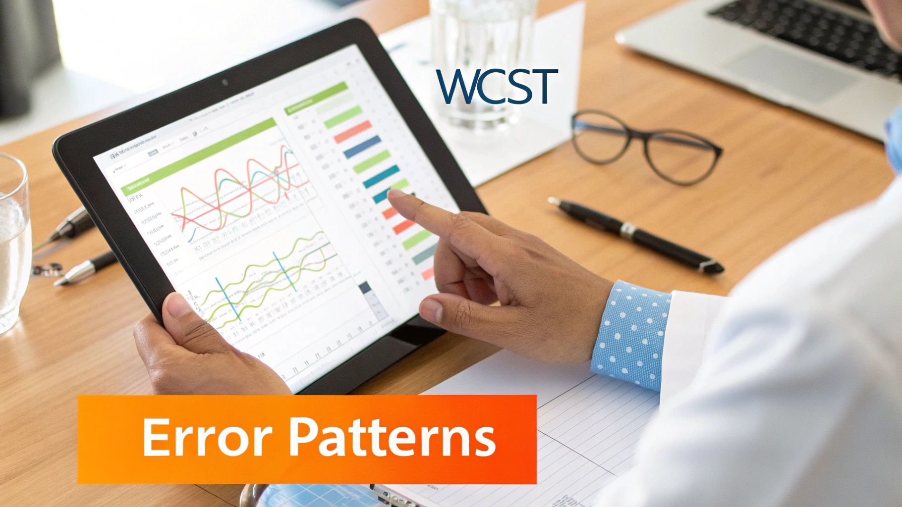 Person in a white coat analyzing data graphs on a tablet, featuring 'WCST' and 'Error Patterns'.