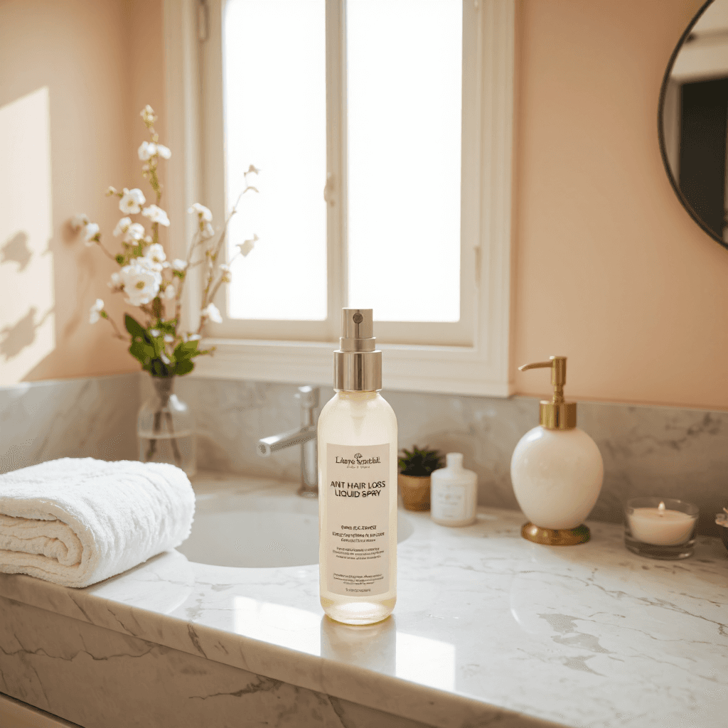 product photography of bottle of anti hair loss liquid spray
