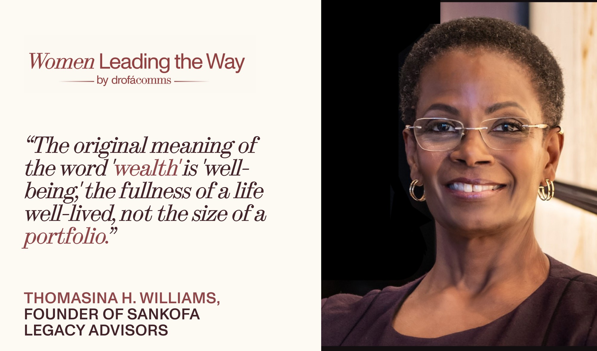 Thomasina H. Williams, Founder of Sankofa Legacy Advisors, Women Leading the Way contributor on women inheriting wealth.