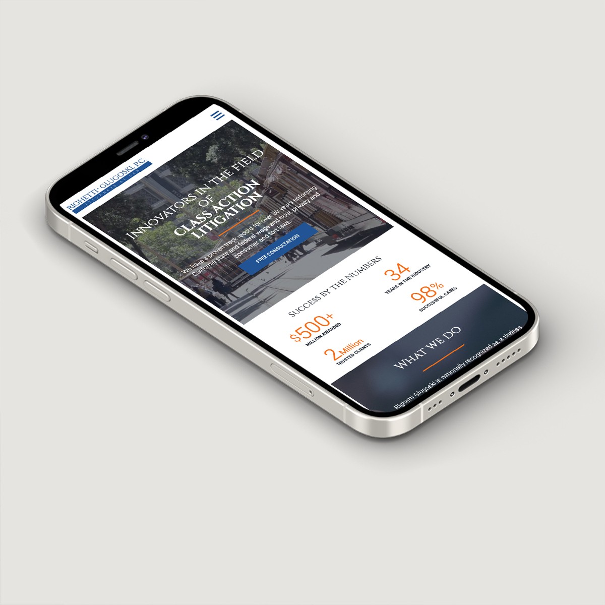 Smartphone mockup showing the Righetti Glugoski P.C. class action litigation website homepage and key metrics.