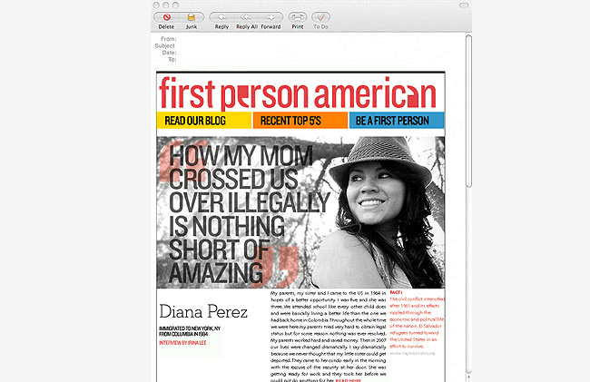 A screenshot of a First Person American website displays a black-and-white image of a woman wearing a hat, looking to the right. The headline reads "HOW MY MOM CROSSED US OVER ILLEGALLY IS NOTHING SHORT OF AMAZING." The article is written by Diana Perez and includes an interview by Diana Lee. The website interface shows tabs for "READ OUR BLOG" and "RECENT TOP 5s."