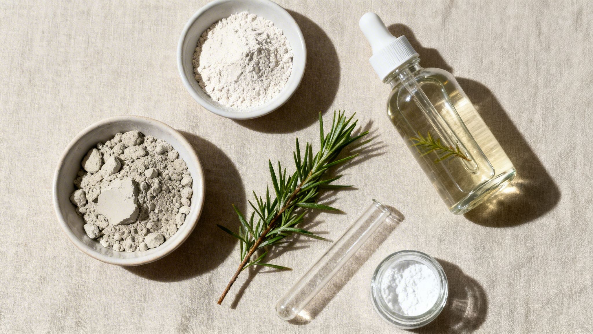 Natural ingredients for hair and skin care, including clay, white powder, rosemary oil, and fresh rosemary.