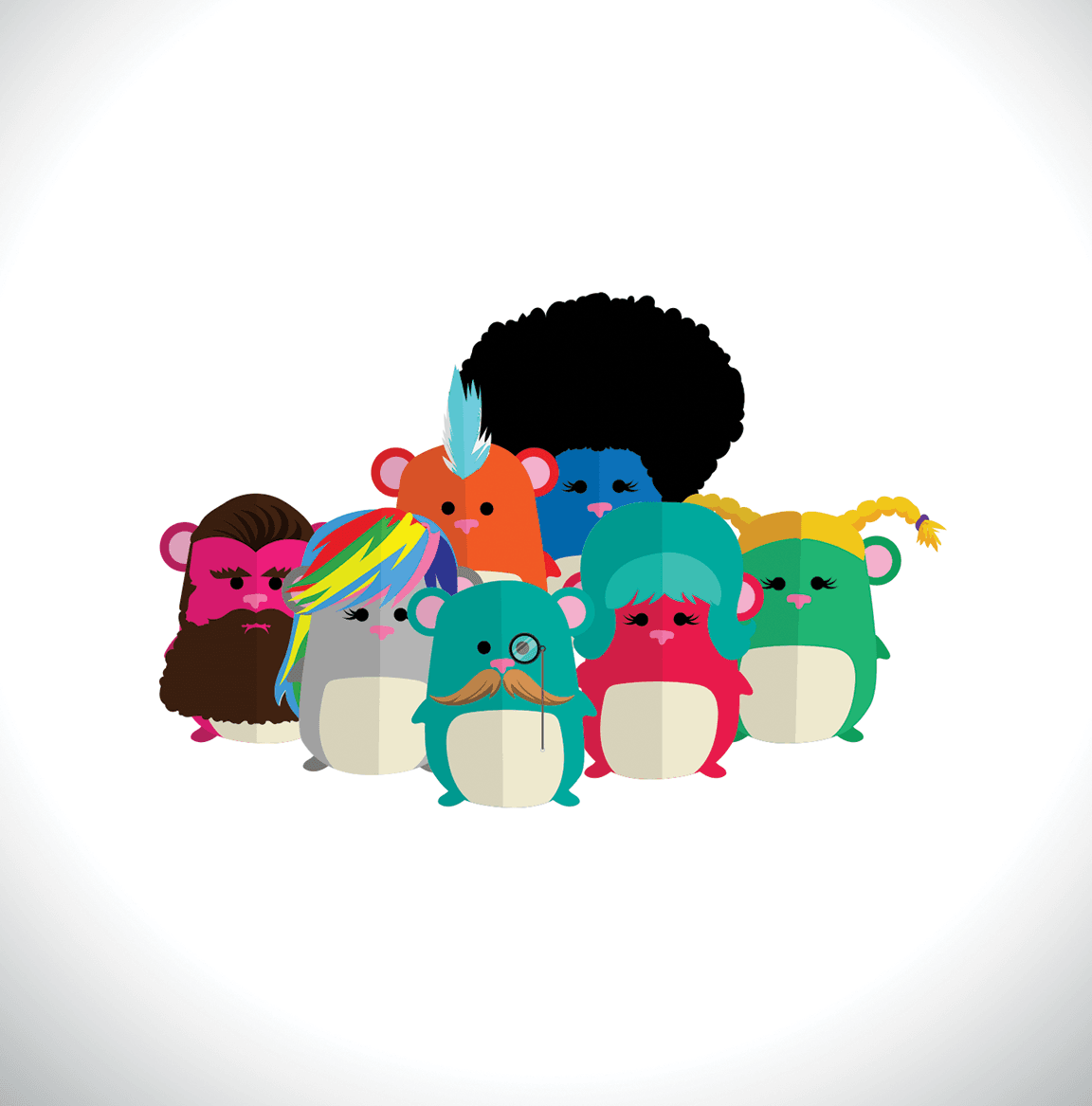 An illustration of a group of cute hamster-like monsters. They are all different colors, with different hair styles and accessories, including an afro, a mohawk, pigtails, a beard, and a monocle.