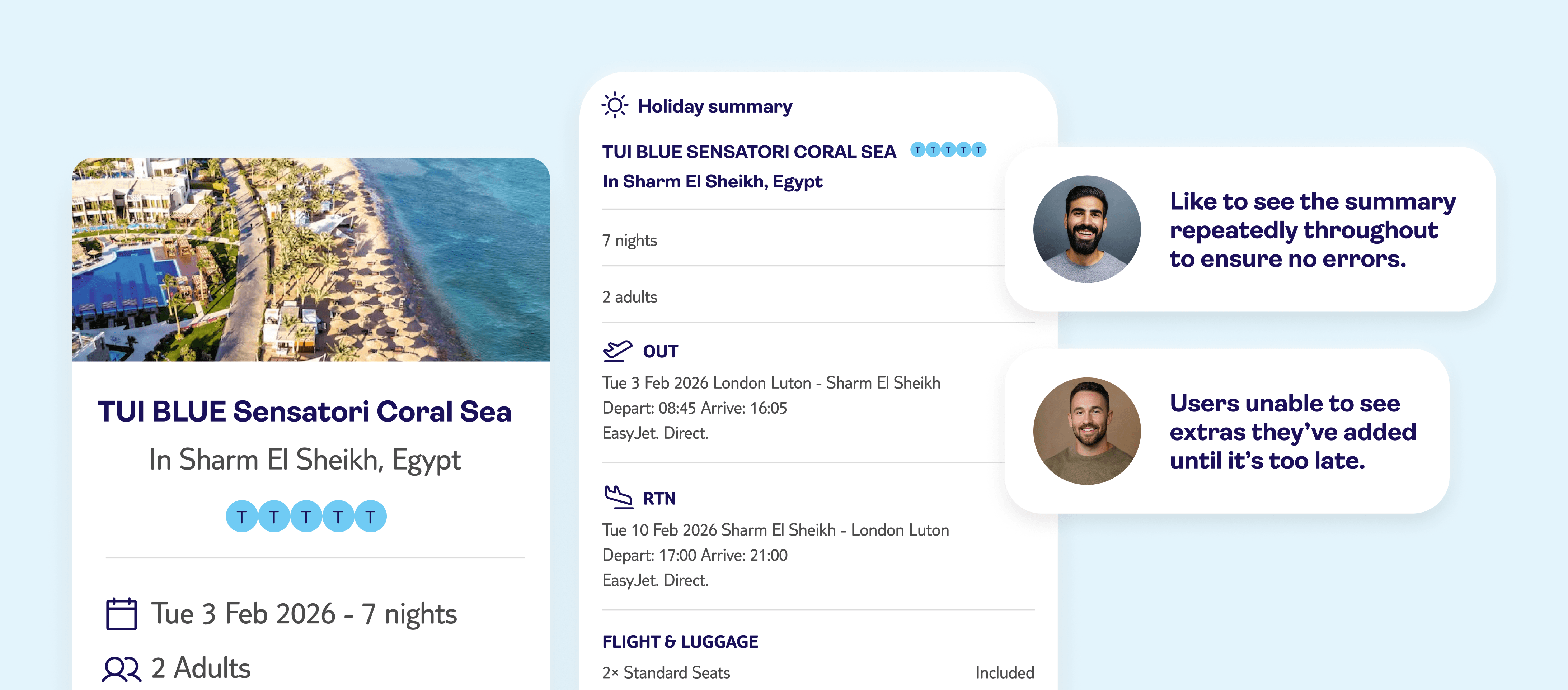 Screens of the existing holiday summaries & 2 quotes from users about the usability issues.