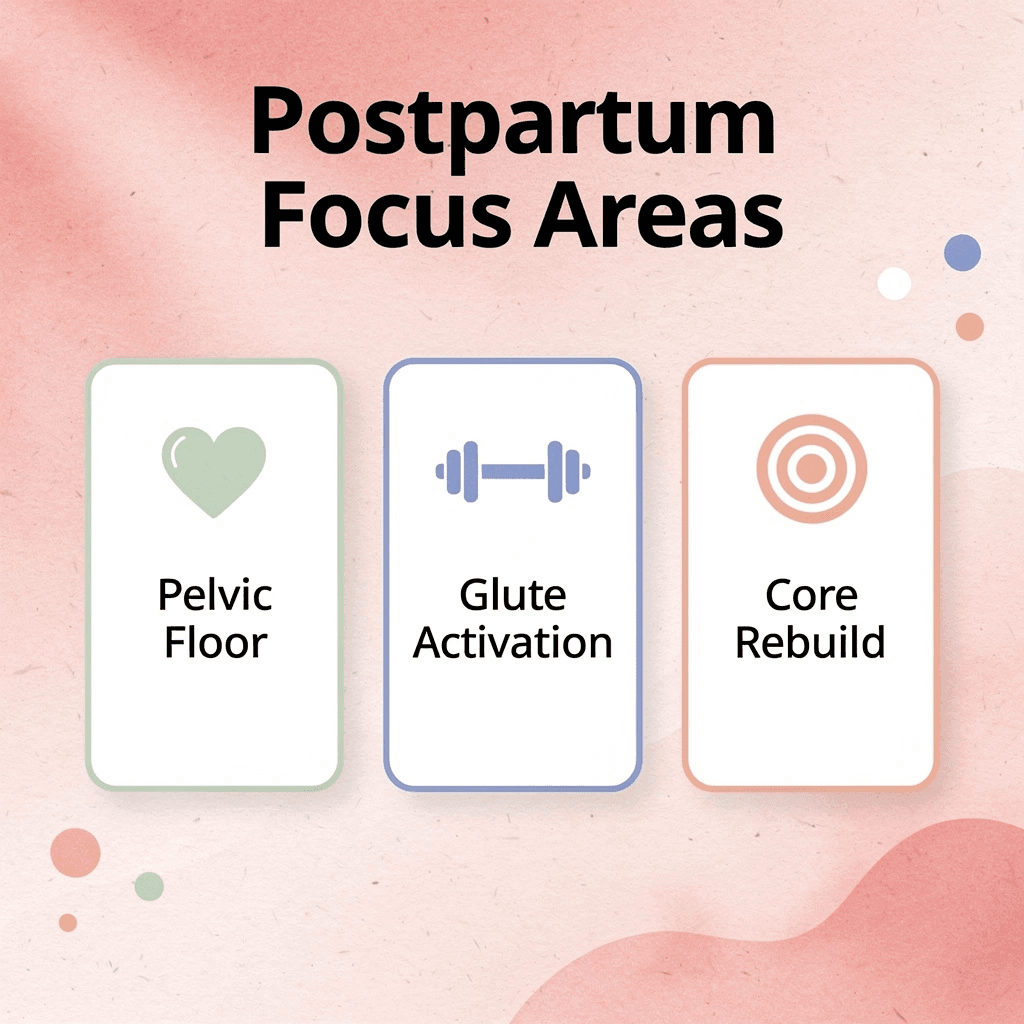  Infographic showing three key postpartum fitness focus areas