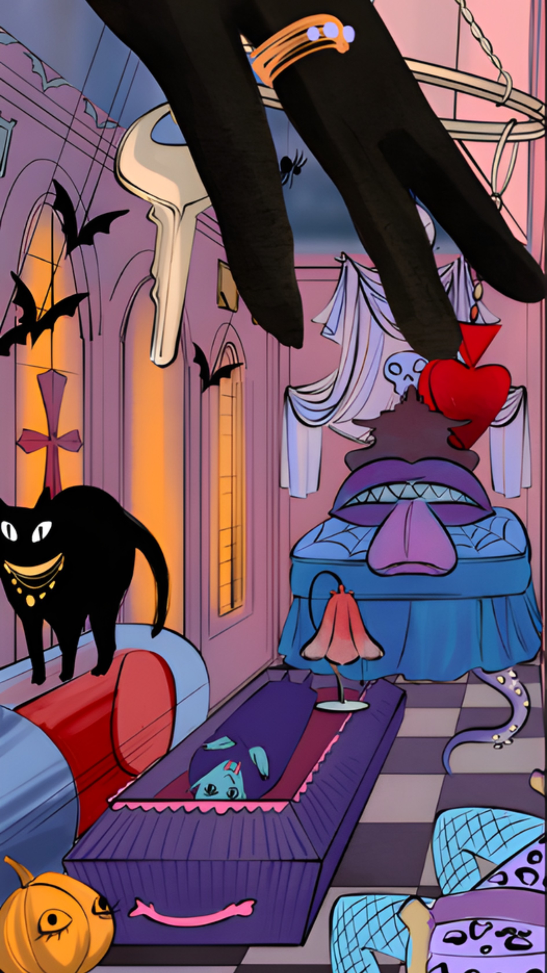 A colored sketched scene shows a black 3D hand reaching toward a coffin and a black cat in a quirky room