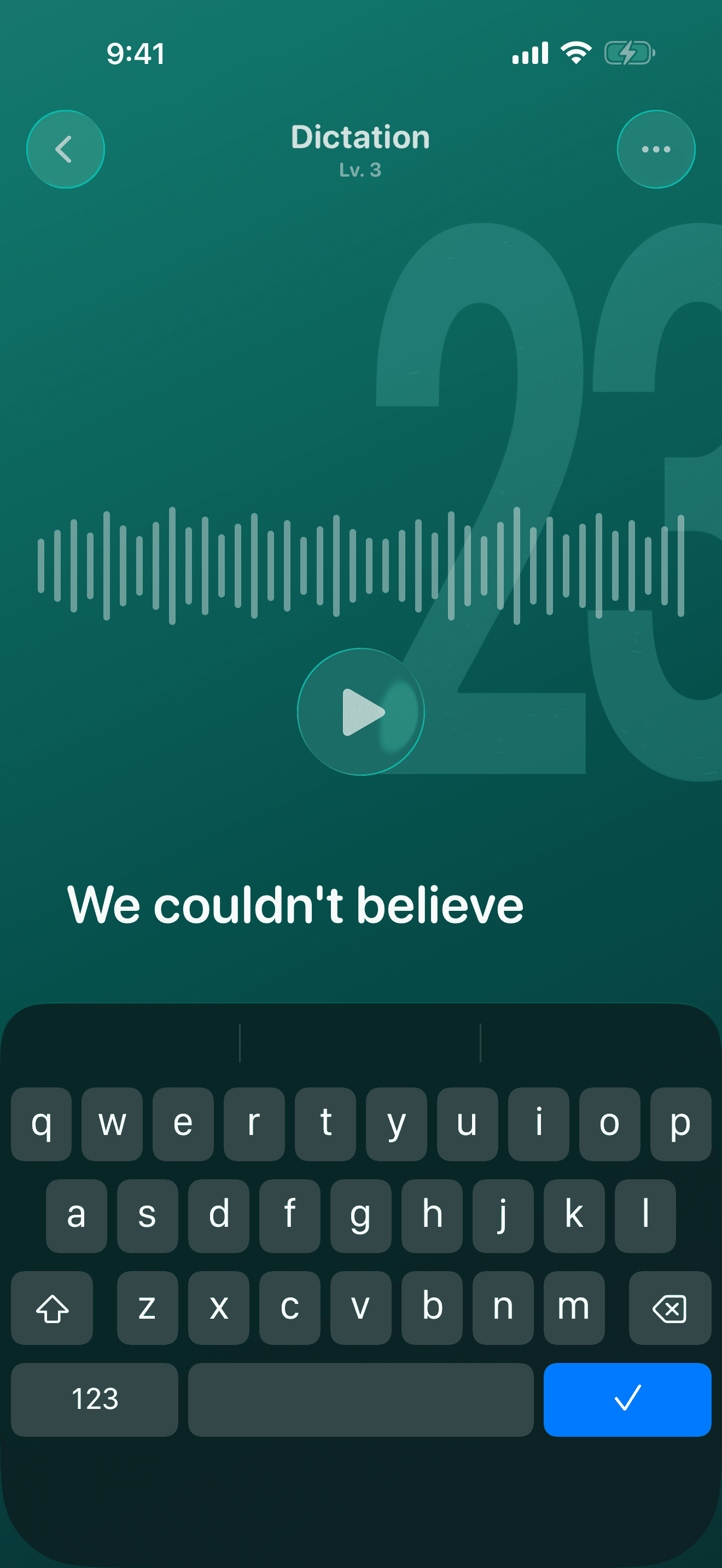 English dictation screen with audio playback and keyboard input