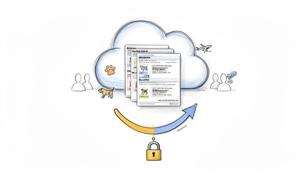 Illustration of cloud storage with pet data, users, and a secure padlock symbol for data protection.