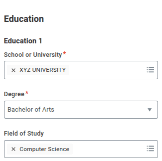 Workday education section showing a Computer Science degree parsed as Bachelor of Arts