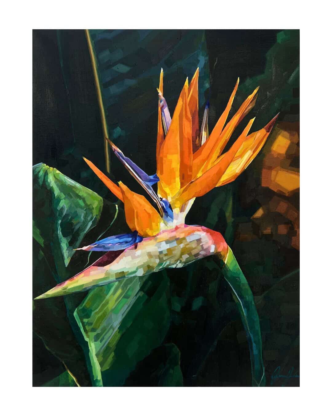An impressionistic oil painting of a Bird of Paradise flower by artist Jasmine Jardine. The tropical flower is painted in a highly structural, geometric style with blocky brushstrokes. It features sharp, vibrant orange and deep blue petals rising from a textured pink and green spathe. The background is a dark, atmospheric composition of deep green tropical leaves and shadows, with Jasmine Jardine's signature visible in blue in the bottom-right corner.