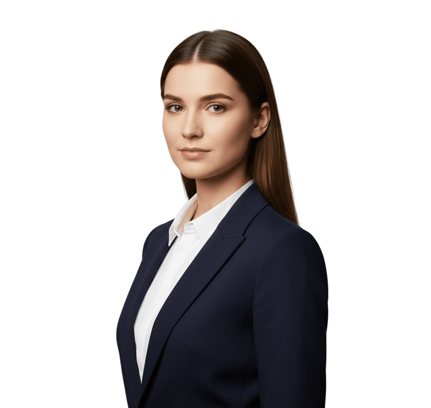 Professional woman in a navy blazer and white shirt, looking at the camera. Serious and confident.