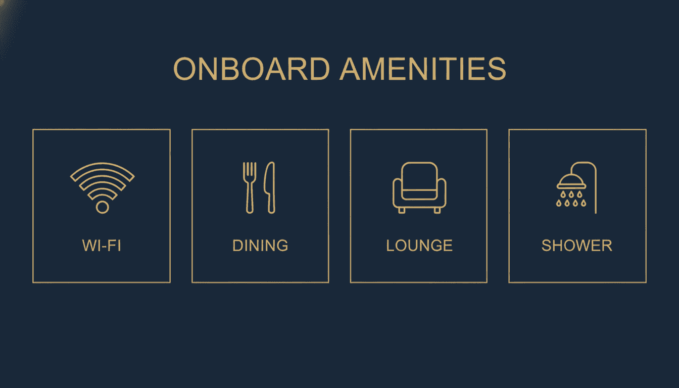 Private jet onboard amenities - wifi dining lounge shower infographic