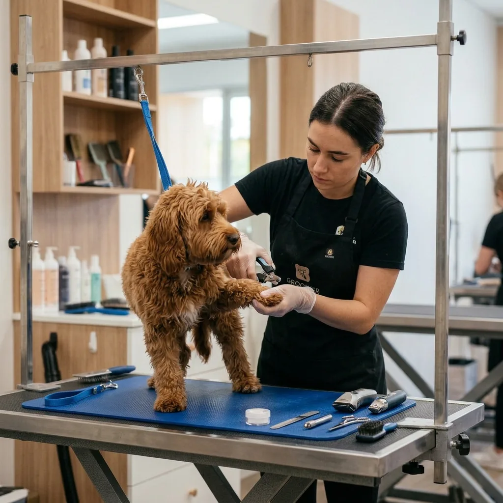 profissional cuidando de cachorro durante atendimento
