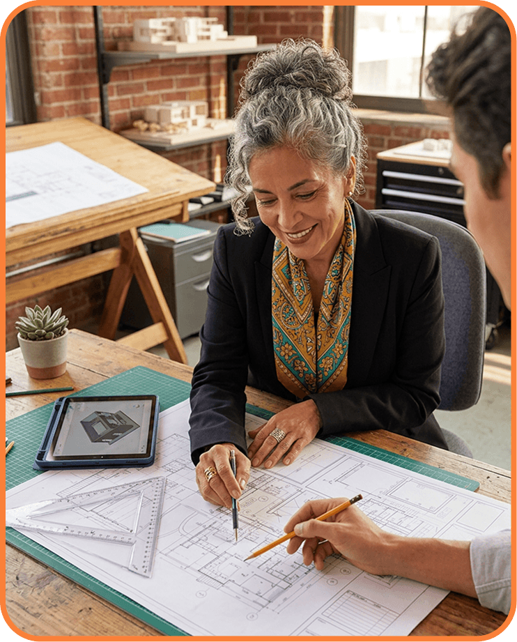 Two architects reviewing blueprints