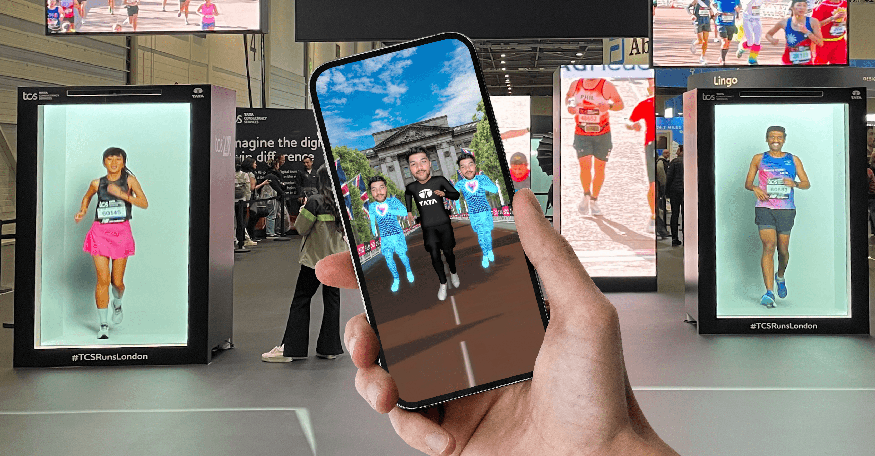 A colourful landing page promoting virtual training and sales demos, featuring bold text, two profile cards, and a man with a microphone in a circular photo.