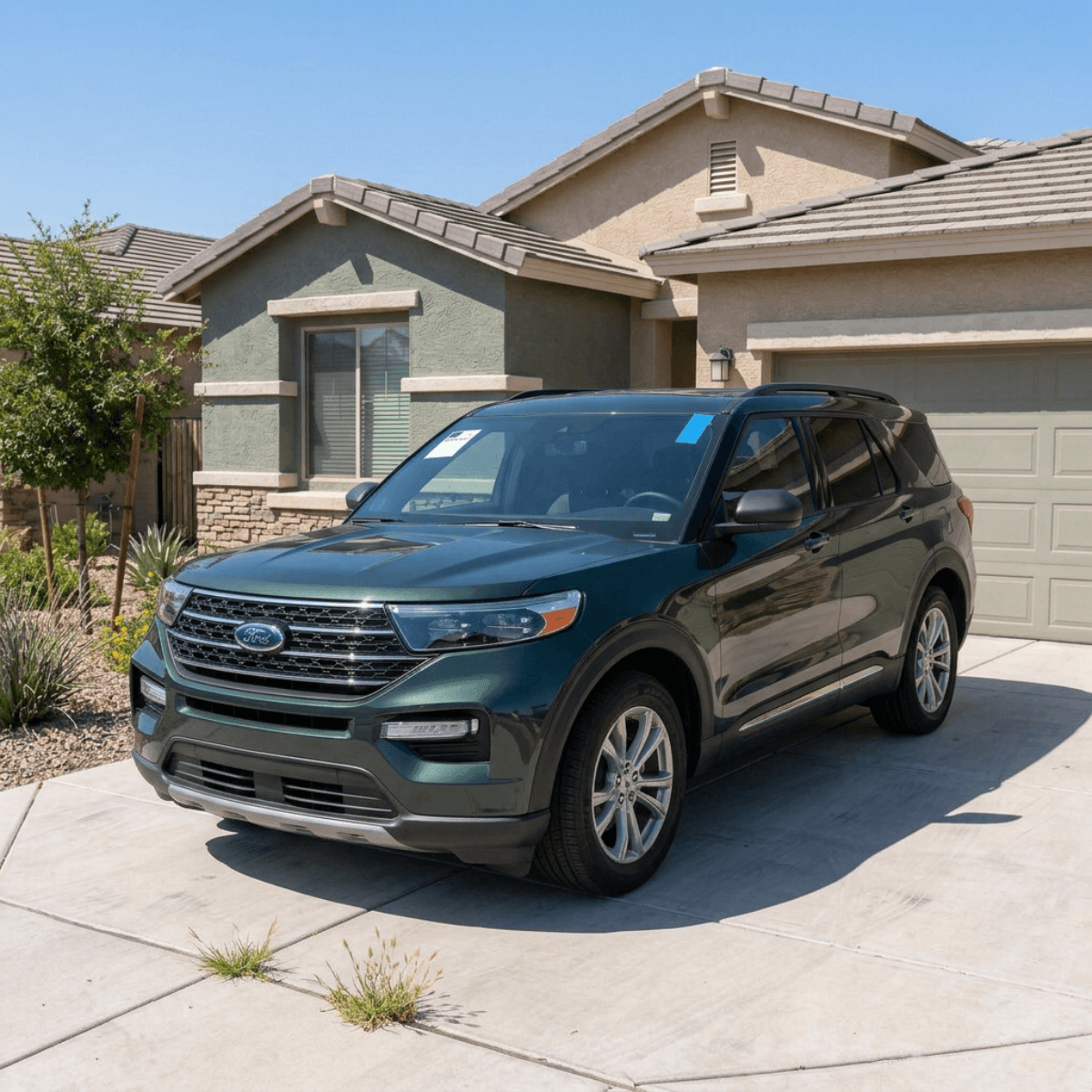 New windshield installed on a green Ford Explorer at a residence in Tucson, Arizona