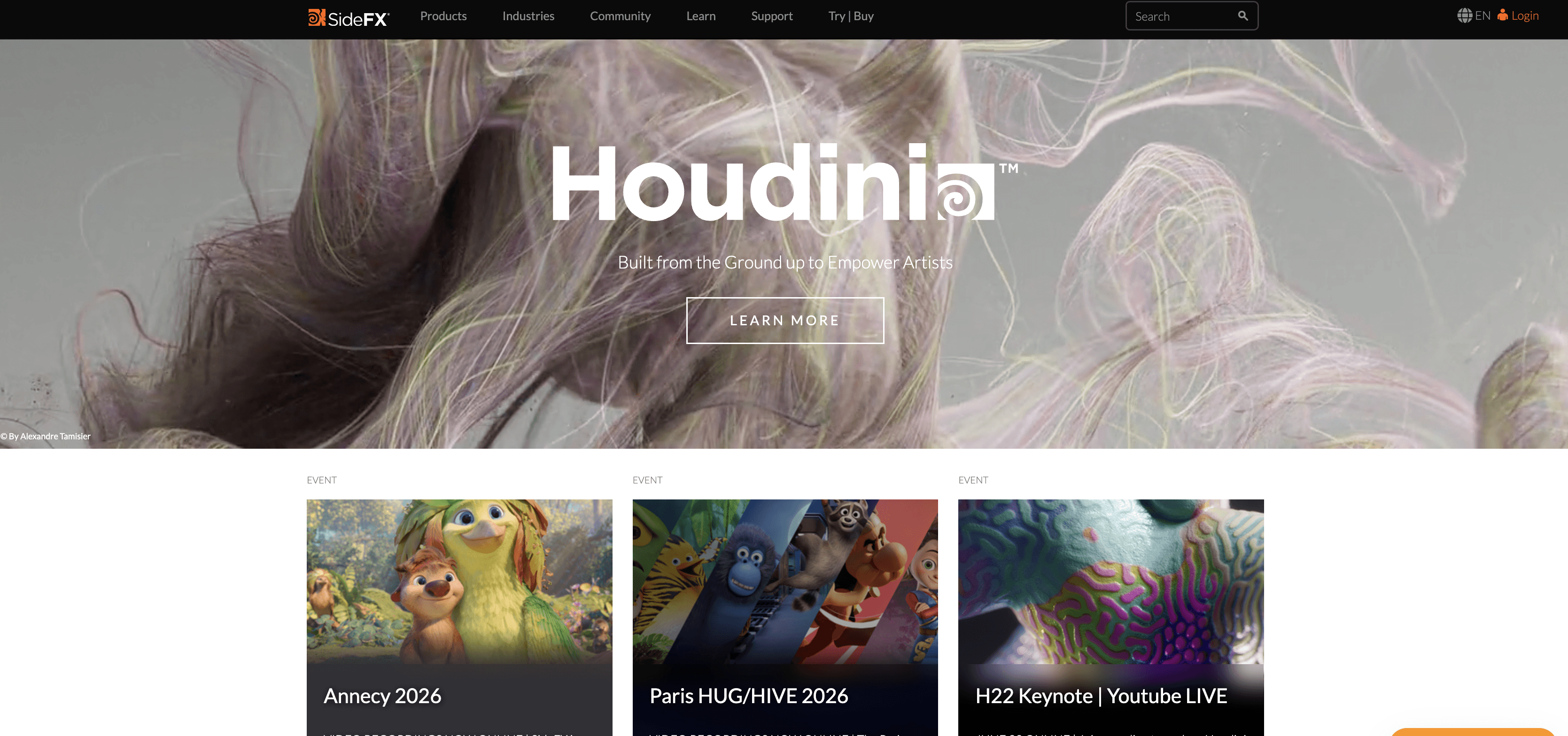 SideFX Houdini homepage screenshot showing procedural 3D and visual effects software