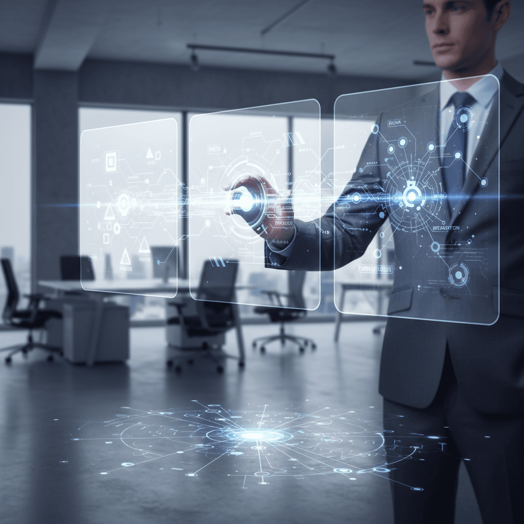 Business professional gesturing to digital screens that visualize layered ERP CRM integration