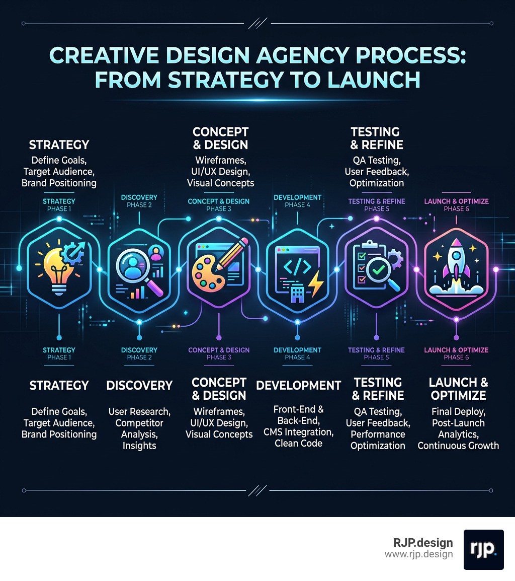 Creative design agency process from strategy to launch infographic - creative design agency infographic 