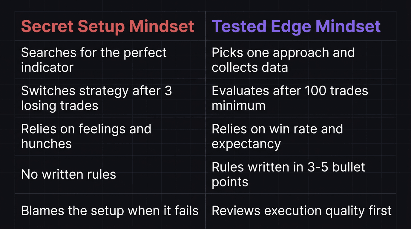 Comparison table showing secret setup mindset versus tested edge mindset